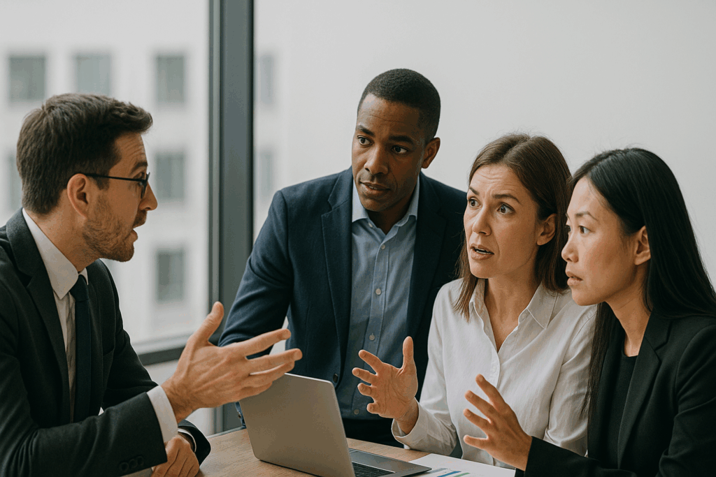 Business professionals engaged in a negotiation discussion, emphasizing collaboration and effective communication in sales.