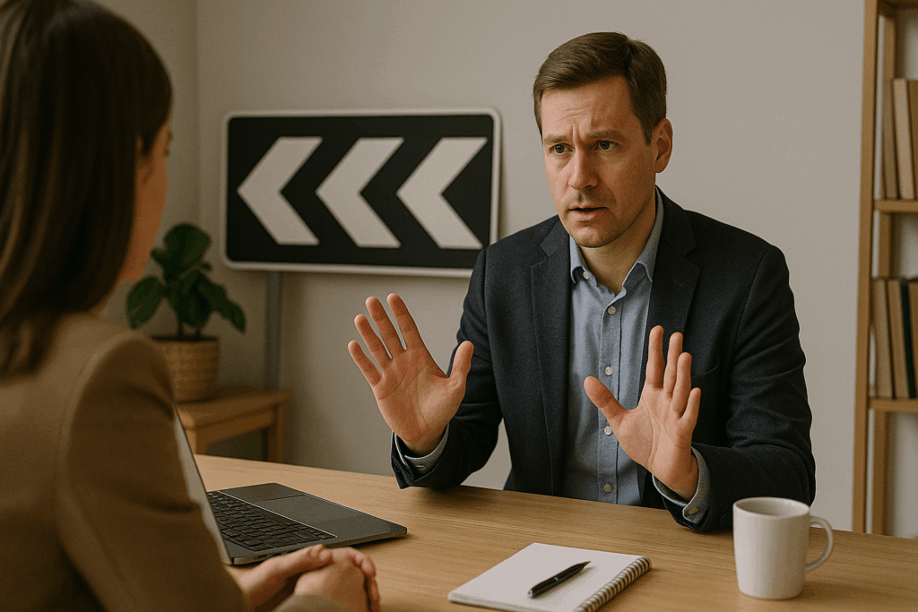 Man and woman engaged in a coaching conversation, discussing change barriers in a professional setting, with a laptop and notepad on the table.