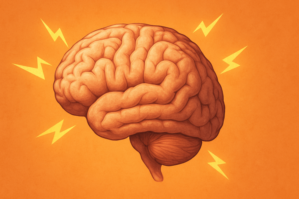 Brain illustration with lightning bolts, symbolizing cognitive processes and the neuroscience of selling, relevant to remote selling and social proof concepts.