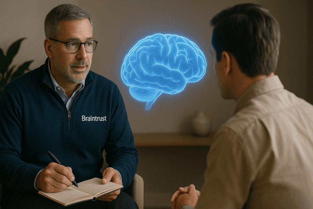 Man in Braintrust jacket taking notes during coaching session with holographic brain illustration, emphasizing neuroscience in leadership development.