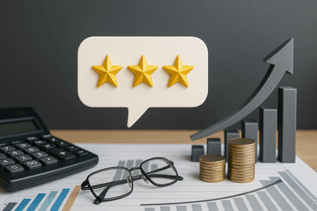 Yellow star ratings and speech bubble on financial documents with calculator and coins, symbolizing social proof and testimonials in sales.