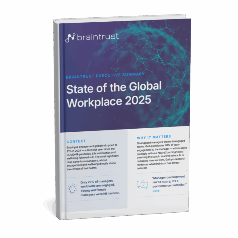 Braintrust Growth executive summary booklet titled "State of the Global Workplace 2025," highlighting employee engagement statistics and insights into workplace dynamics.