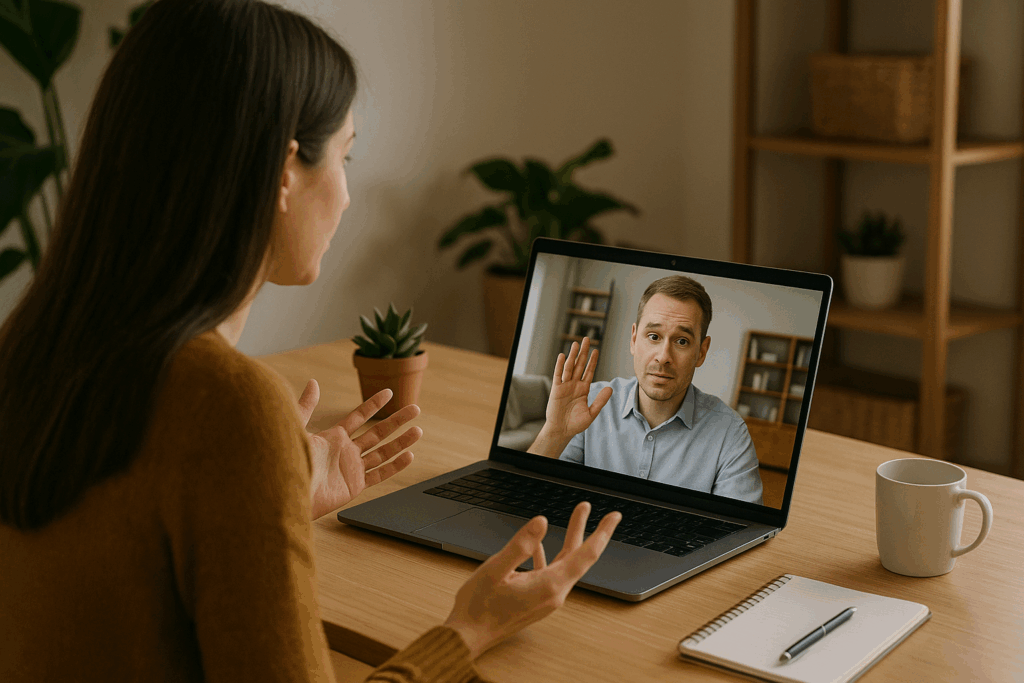 Woman engaging in virtual sales conversation on laptop, discussing cognitive biases in remote demos, with a male speaker visible on screen.