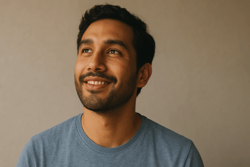 Smiling man in a blue shirt looking upwards, reflecting positivity and emotional control, relevant to coaching and leadership themes.