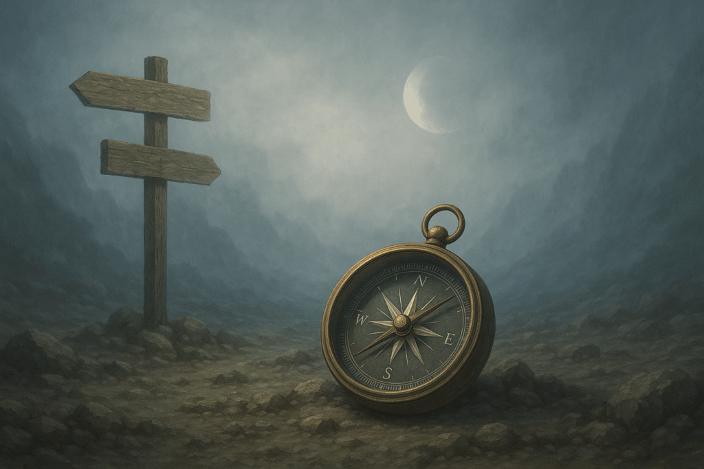 Compass on rocky terrain with directional signs, symbolizing guidance in uncertainty and change, relevant to coaching and leadership development.