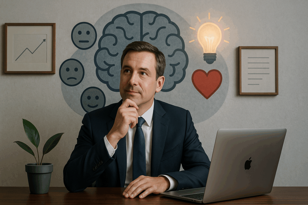 Business professional contemplating emotional intelligence, with brain illustration featuring emotions and ideas, laptop on desk, and motivational symbols in background.