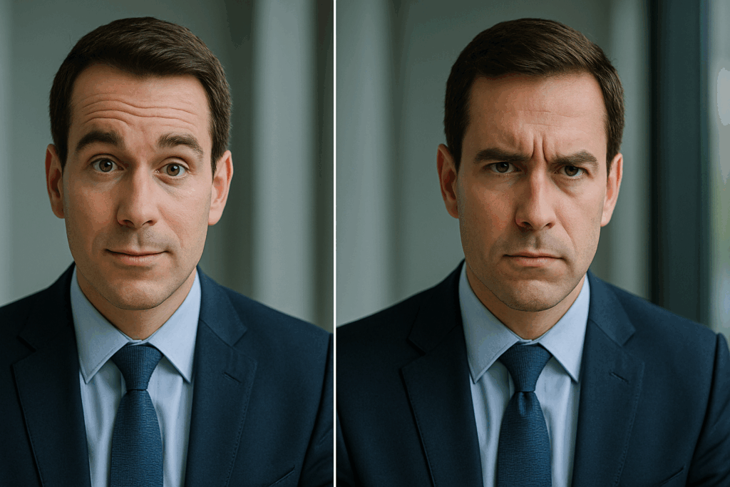 Man in a suit displaying contrasting microexpressions, illustrating subtle emotional cues relevant to sales communication and buyer psychology.