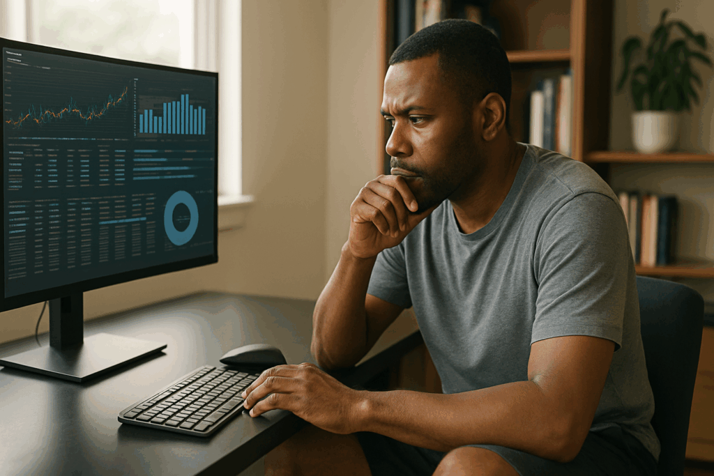 Man analyzing data on a computer screen, showcasing complex graphs and metrics, reflecting themes of decision-making and overcoming analysis paralysis in sales.