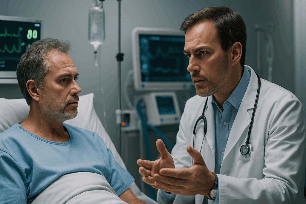 Doctor discussing critical health issues with patient in hospital setting, emphasizing the importance of communication in leadership and coaching.