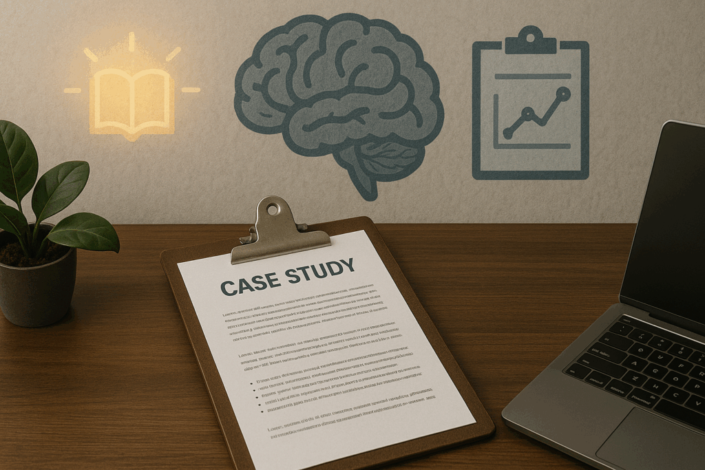 Case study document on wooden table with brain illustration, book icon, and clipboard with graph, symbolizing storytelling in sales and neuroscience engagement.