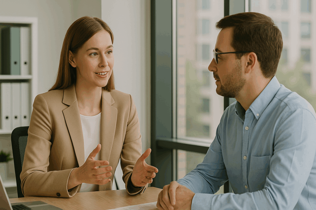 Professional coaching session between a woman in a beige blazer and a man in a blue shirt, discussing emotional control and self-regulation strategies in a modern office setting.