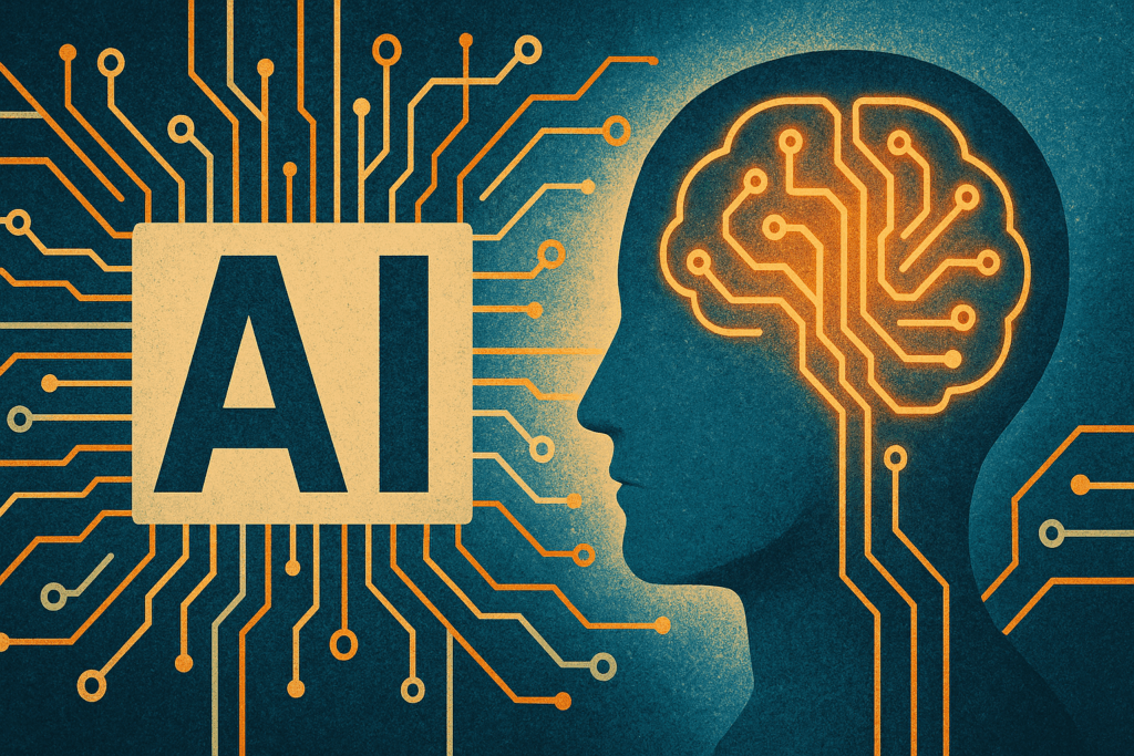 AI concept illustration with a human silhouette and neural circuitry, symbolizing the integration of artificial intelligence in sales and human connection.