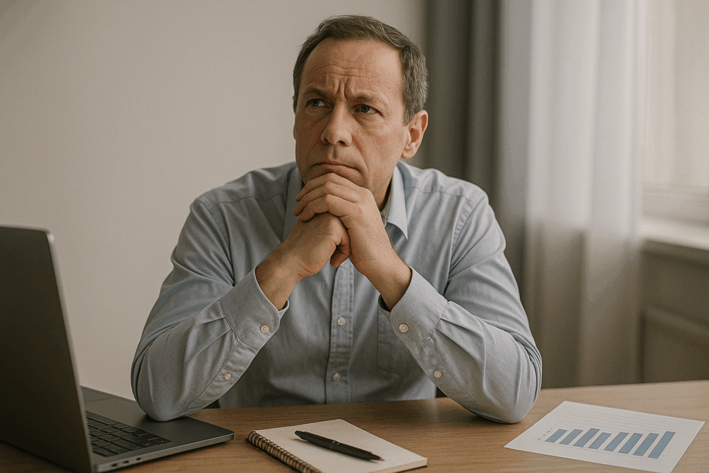 Thoughtful man in a light blue shirt, seated at a desk with a laptop, contemplating sales strategies and buyer psychology, with a notepad and a chart showing growth trends nearby.