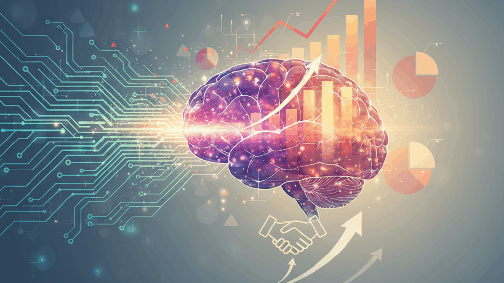 Brain graphic with digital circuitry, arrows indicating growth, and handshake symbol, representing AI's role in enhancing sales through neuroscience and human connection.