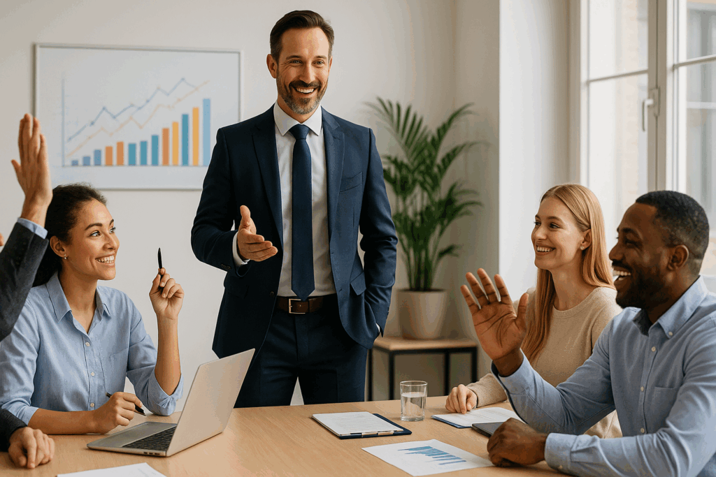 Business meeting with diverse team members engaged in discussion, smiling leader in suit presenting, charts in background illustrating growth and performance.