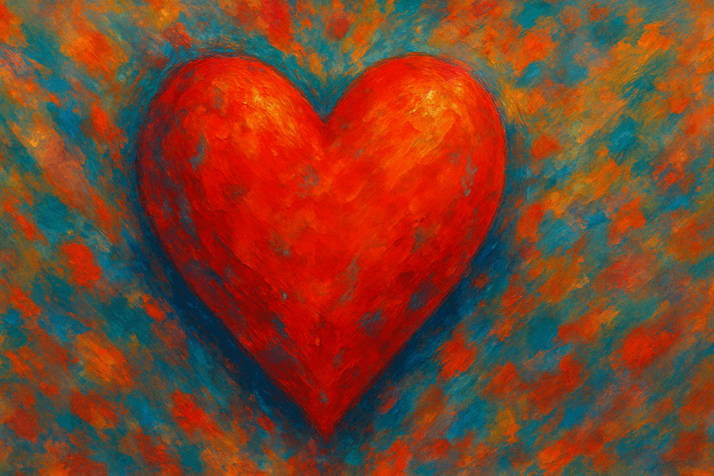 Red heart symbol against a vibrant, colorful background, representing empathy and connection in leadership and coaching.