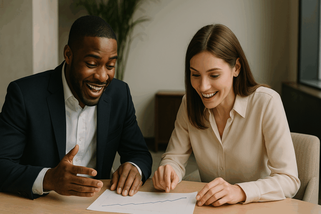 Two professionals engaged in a positive discussion over a document showing an upward trend, illustrating the importance of effective communication in sales and building trust.