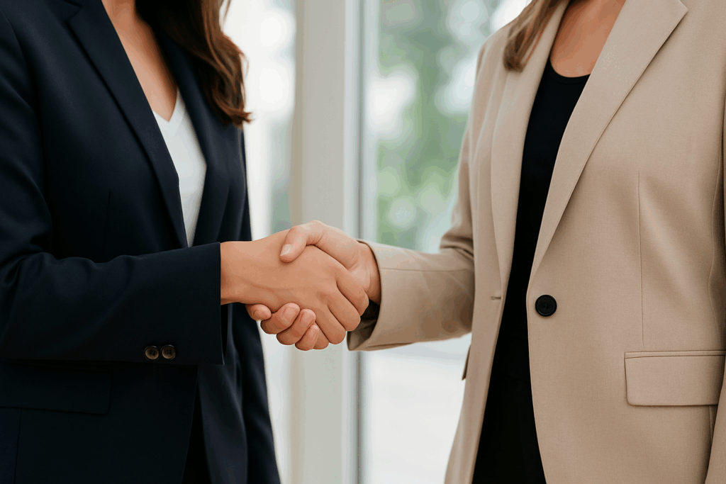 Business professionals shaking hands, symbolizing trust and relationship-building in sales interactions.