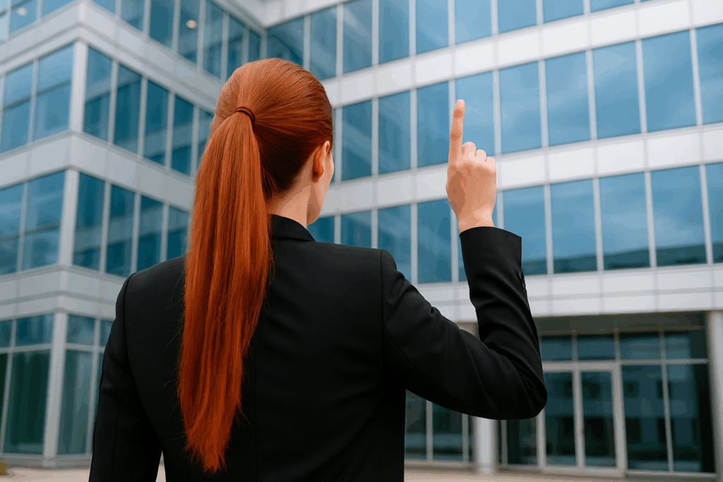 Business professional with red hair pointing upwards in front of a modern glass building, symbolizing leadership and positive engagement in sales conversations.