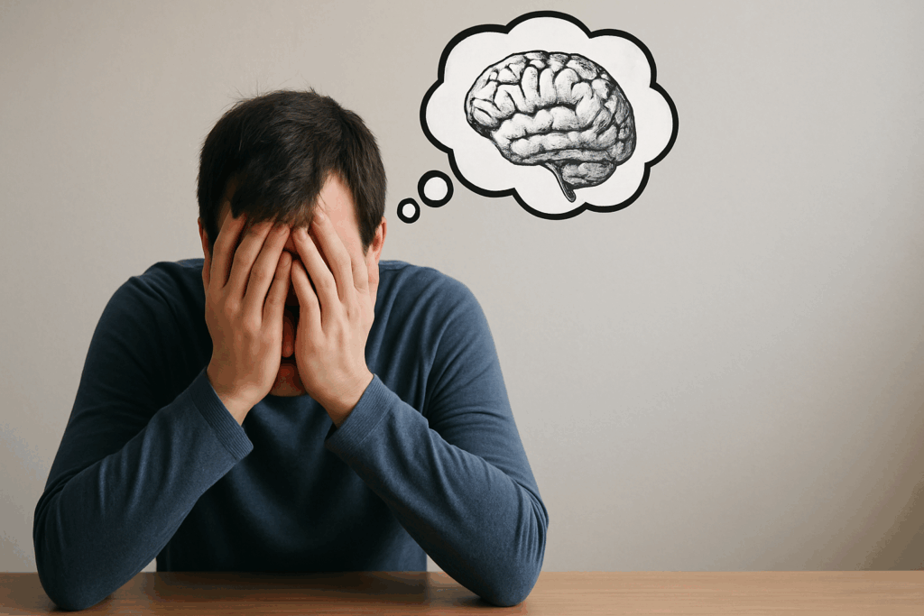 Man with hands covering face, expressing frustration, with a thought bubble containing a brain illustration, symbolizing sales challenges and the need for neuroscience-based solutions.