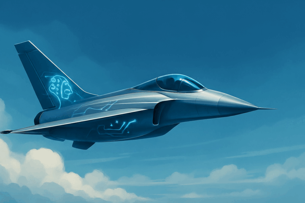 Futuristic jet aircraft with digital brain graphic, symbolizing AI as a co-pilot in sales, soaring through a clear blue sky.