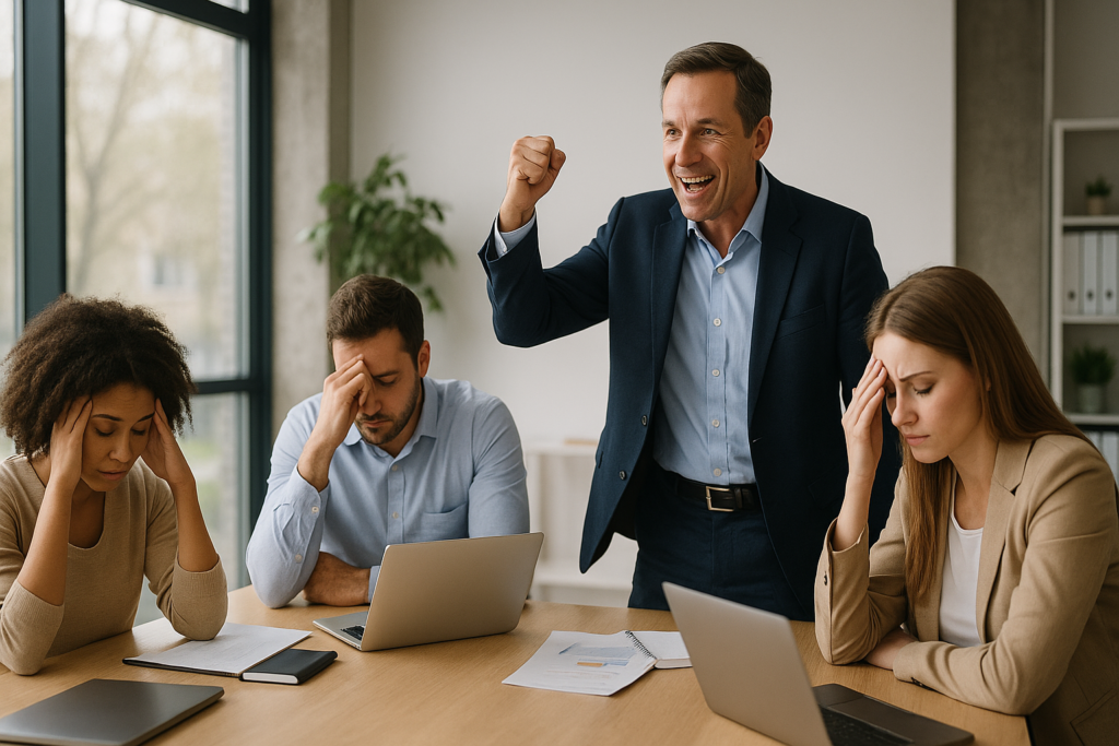 Leader cheers on tired team in the office.