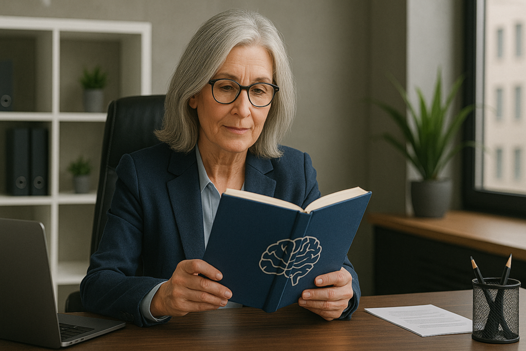 mature female leader holds a book with a brain on it and sits at her desk