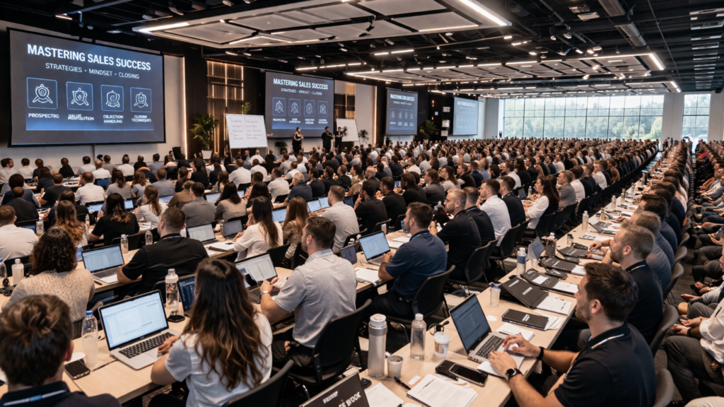 sales people sitting in a large room learning from presenters