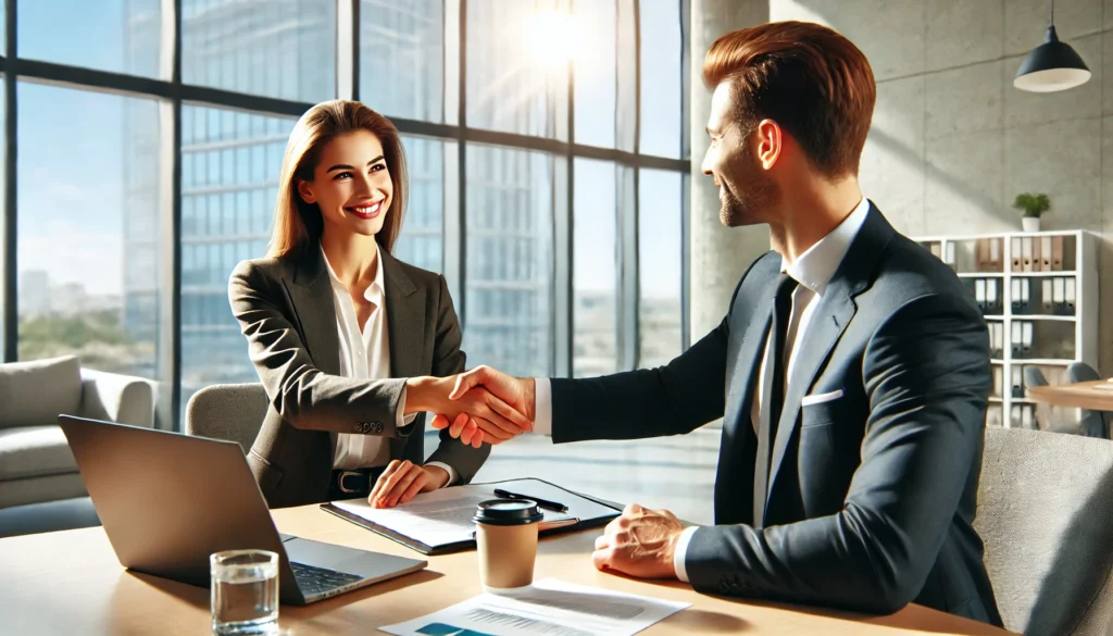 Confident salesperson in business attire shaking hands with a client in a modern office, symbolizing successful negotiation and relationship-building in sales.