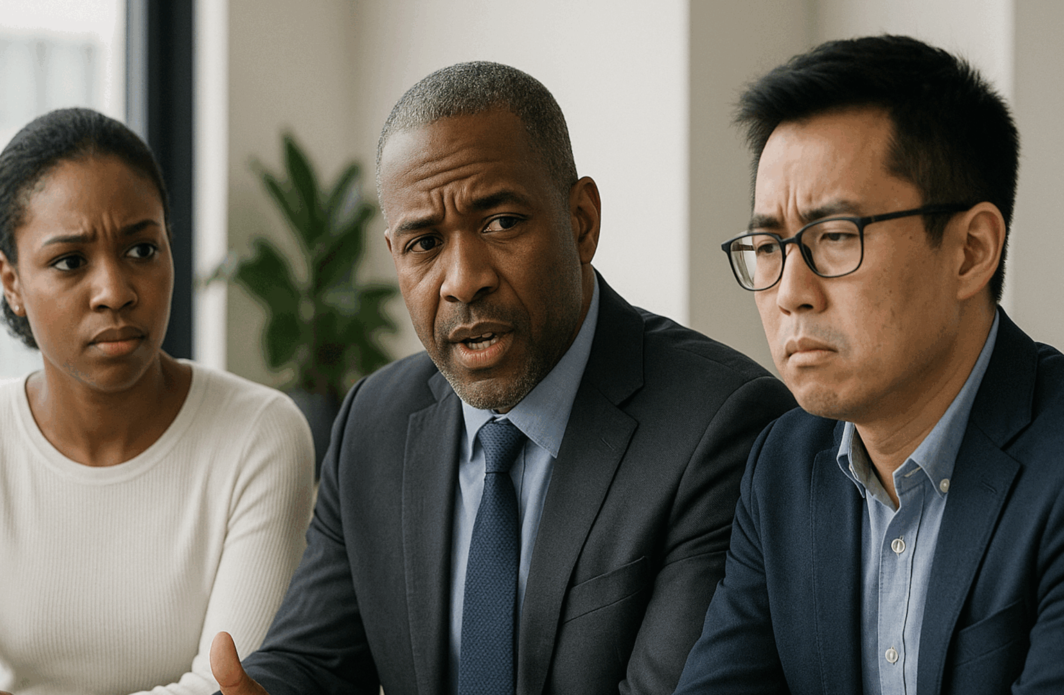 Senior leaders gathered around a conference table in a collaborative coaching session, illustrating how ineffective leadership erodes organizational culture, team trust, and employee performance