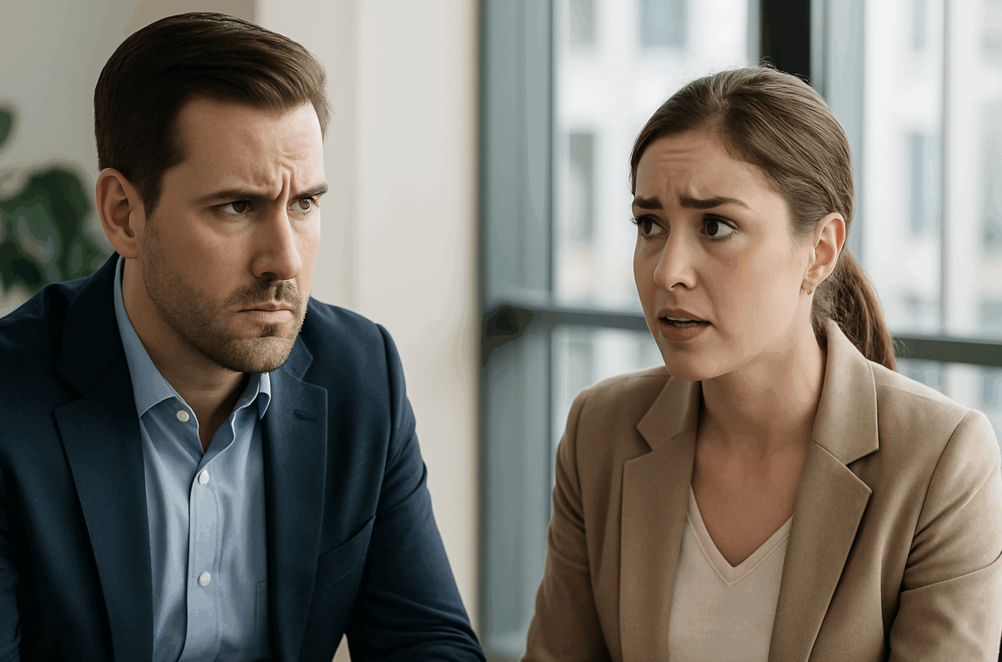 Two professionals engaged in a sales conversation, with one intently reading the other's facial expression and body language across the table