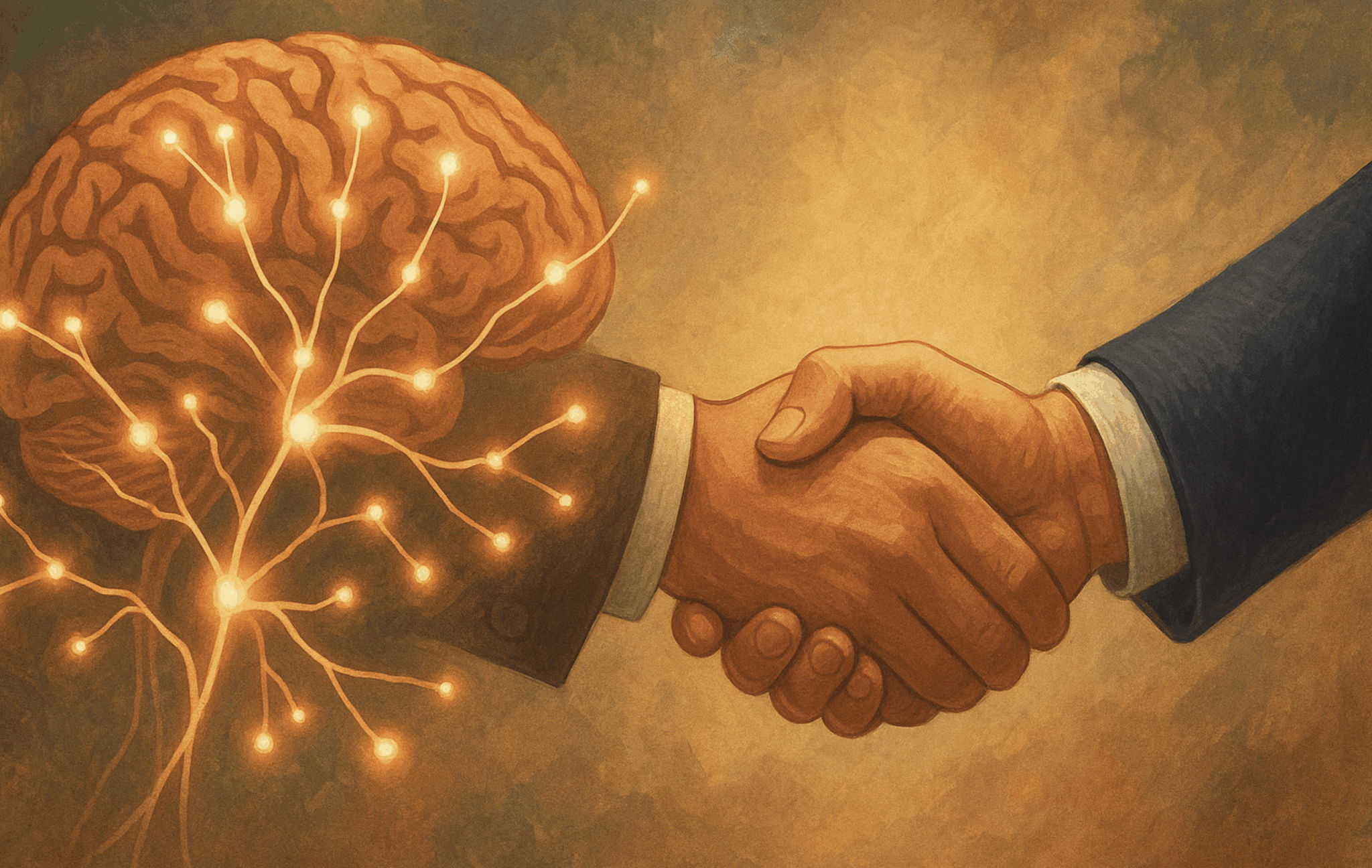 A professional working at a desk with neural network and trust signal graphics overlaid, representing the neuroscience of buyer trust in sales outreach