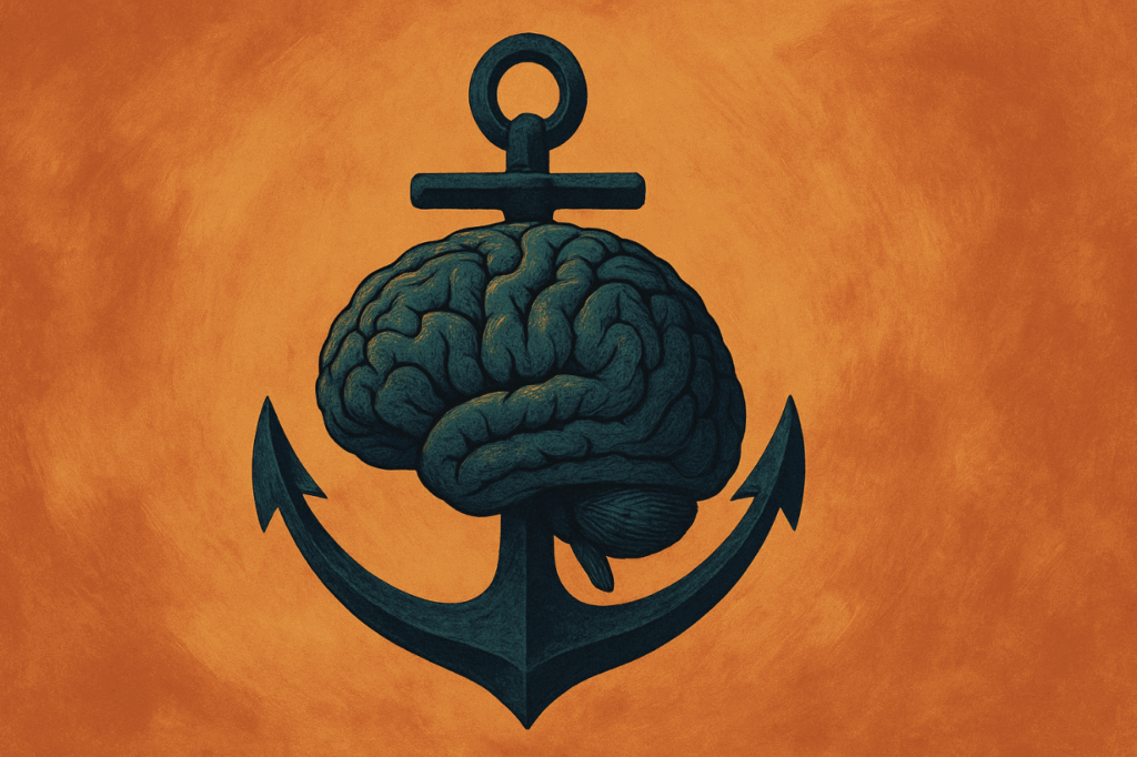 Brain illustration integrated with an anchor, symbolizing the connection between neuroscience and sales strategies, set against an orange background.