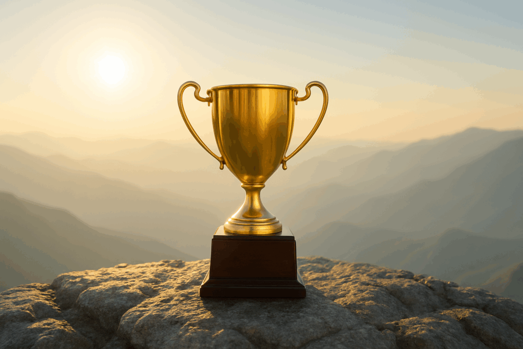 Golden trophy on rocky peak against a sunset backdrop, symbolizing achievement and success in sales and leadership.