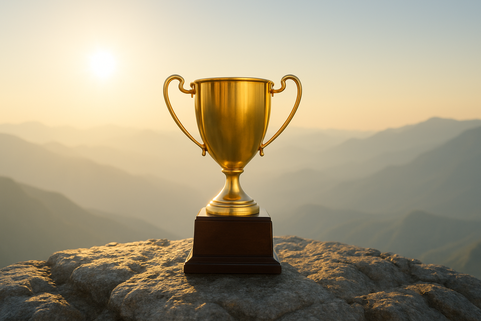 Golden trophy on rocky peak against a sunset backdrop, symbolizing achievement and success in sales and leadership.