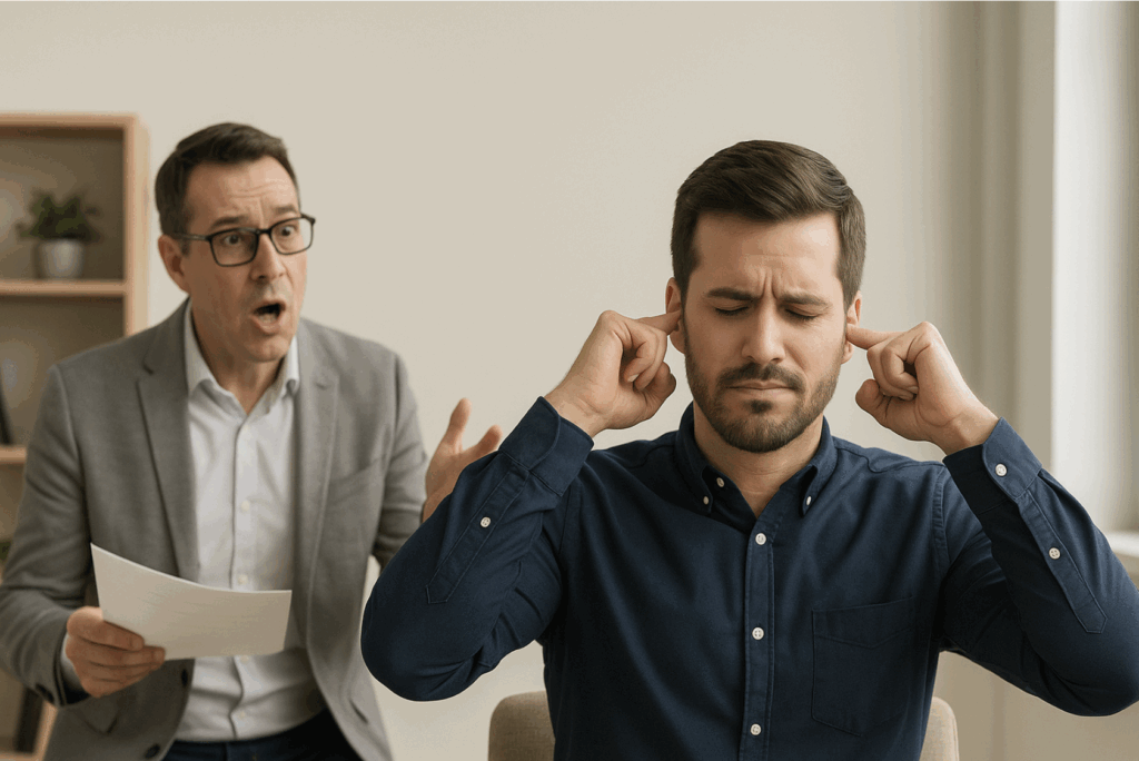 Man plugging ears as seller tries to sell something to him in office.