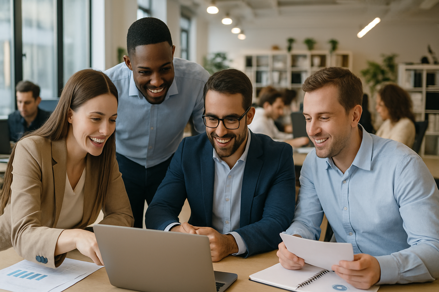 A group of salespeople sit around a table in a busy office collaborating.