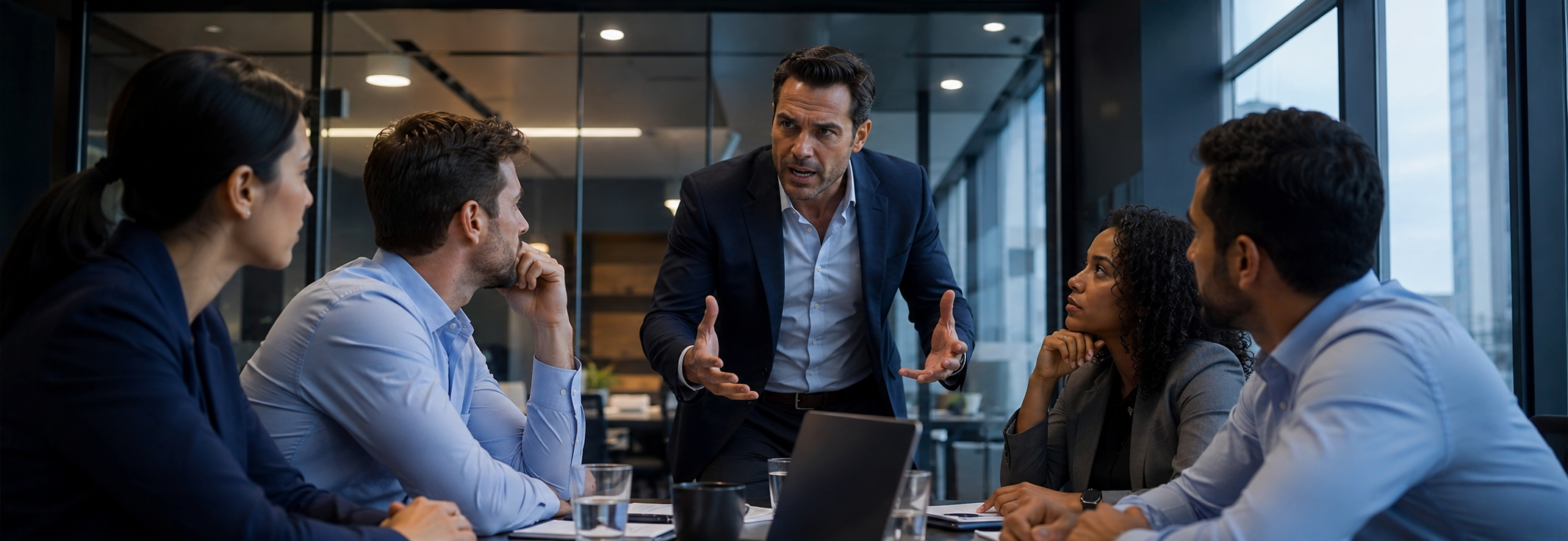 A manager and an employee in a tense one-on-one conversation across a table.