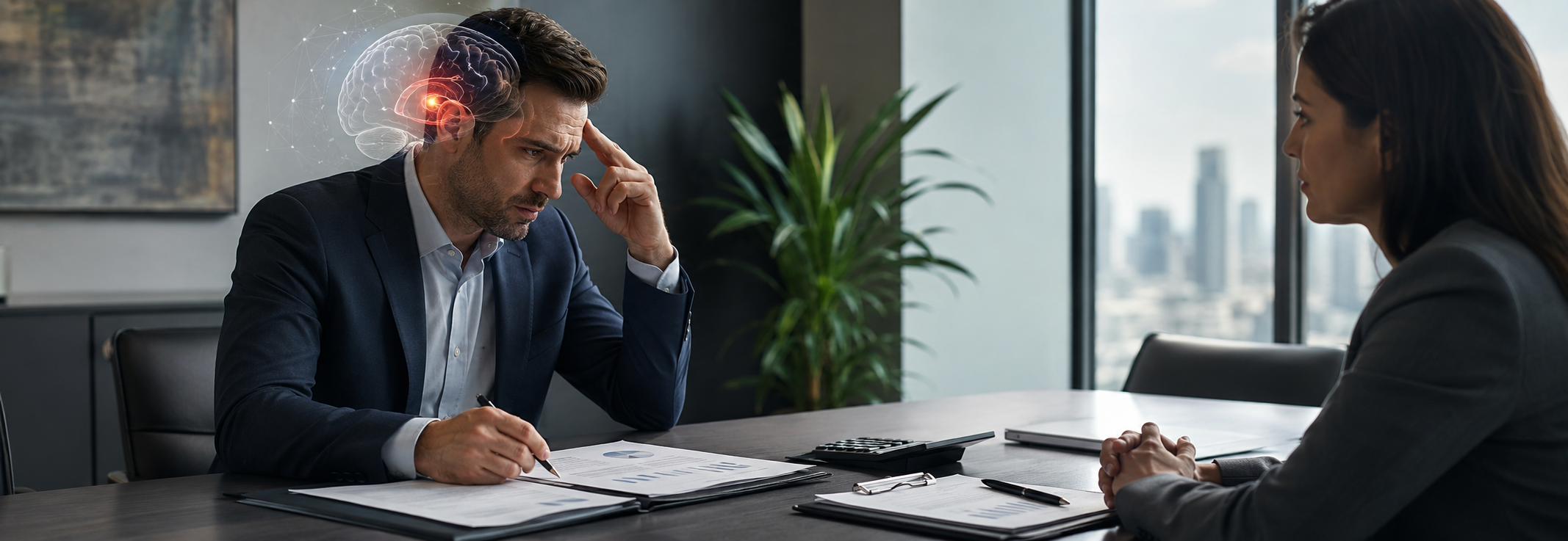 A sales rep at a negotiation table, mid-decision, weighing whether to cut the price.