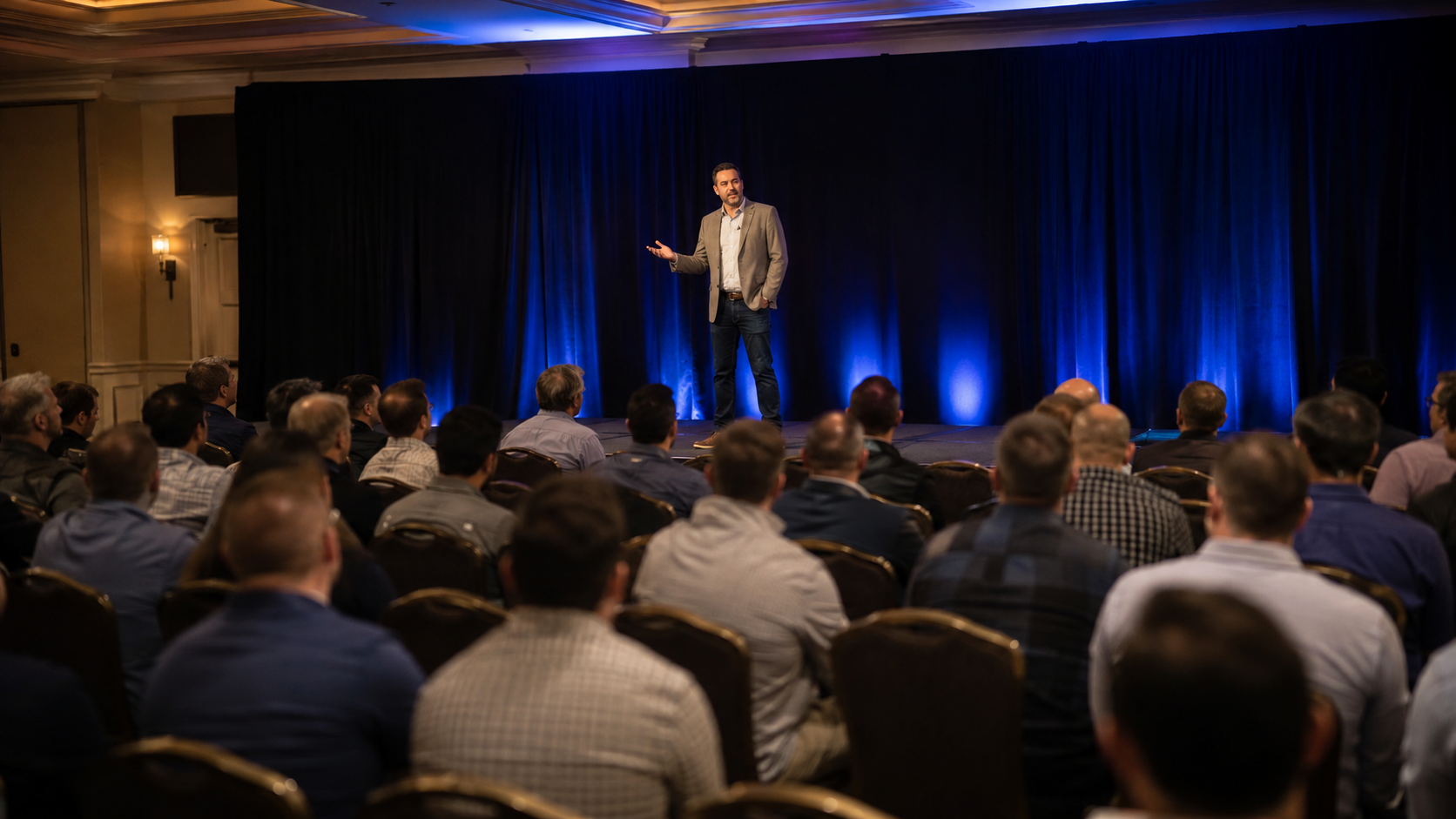A sales team seated at a corporate kickoff meeting listening intently to a keynote speaker on a lit stage.
