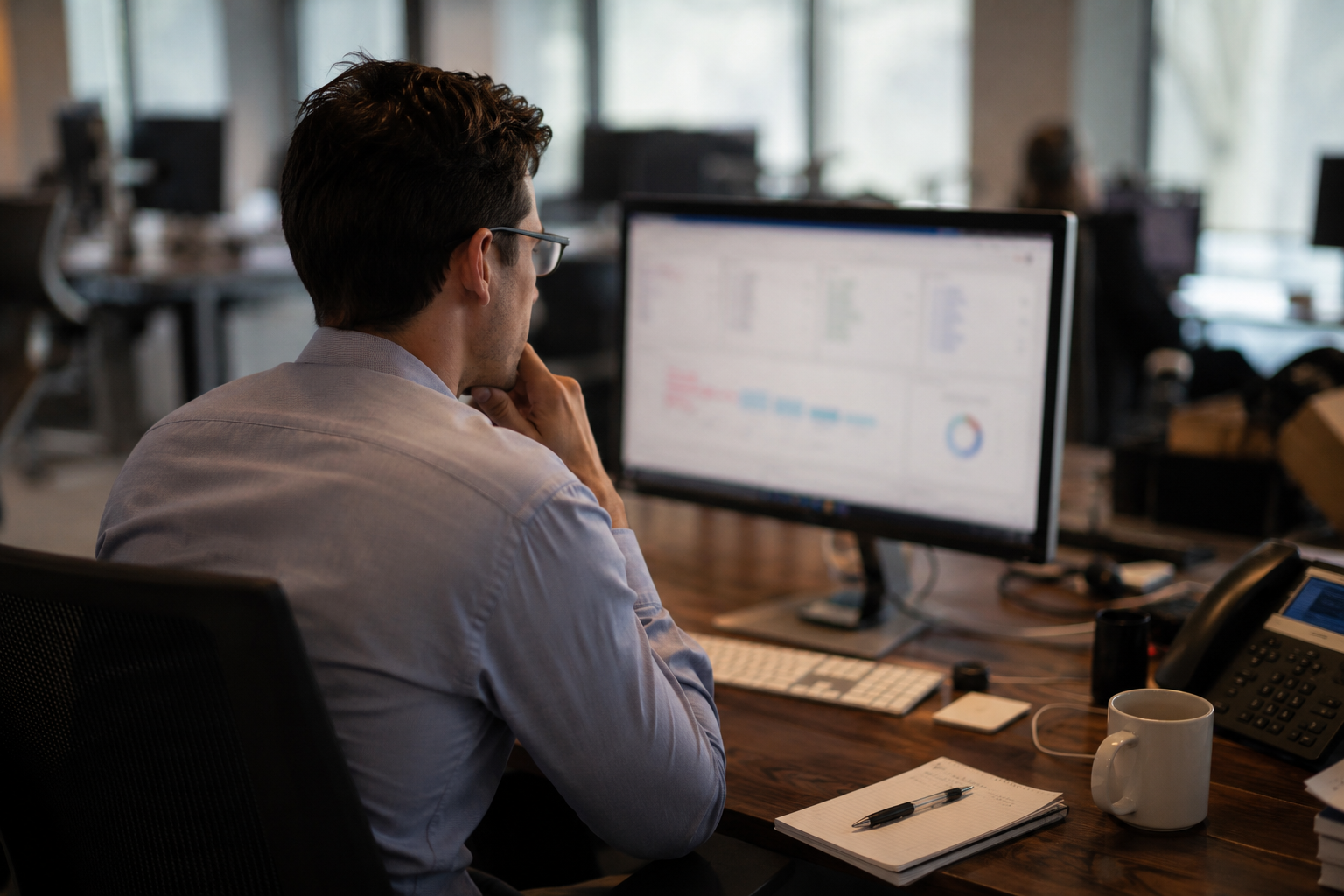 A sales enablement leader studies a performance dashboard at his desk, representing the gap between giving sellers access to content and actually measuring whether their behavior in front of a buyer changed.