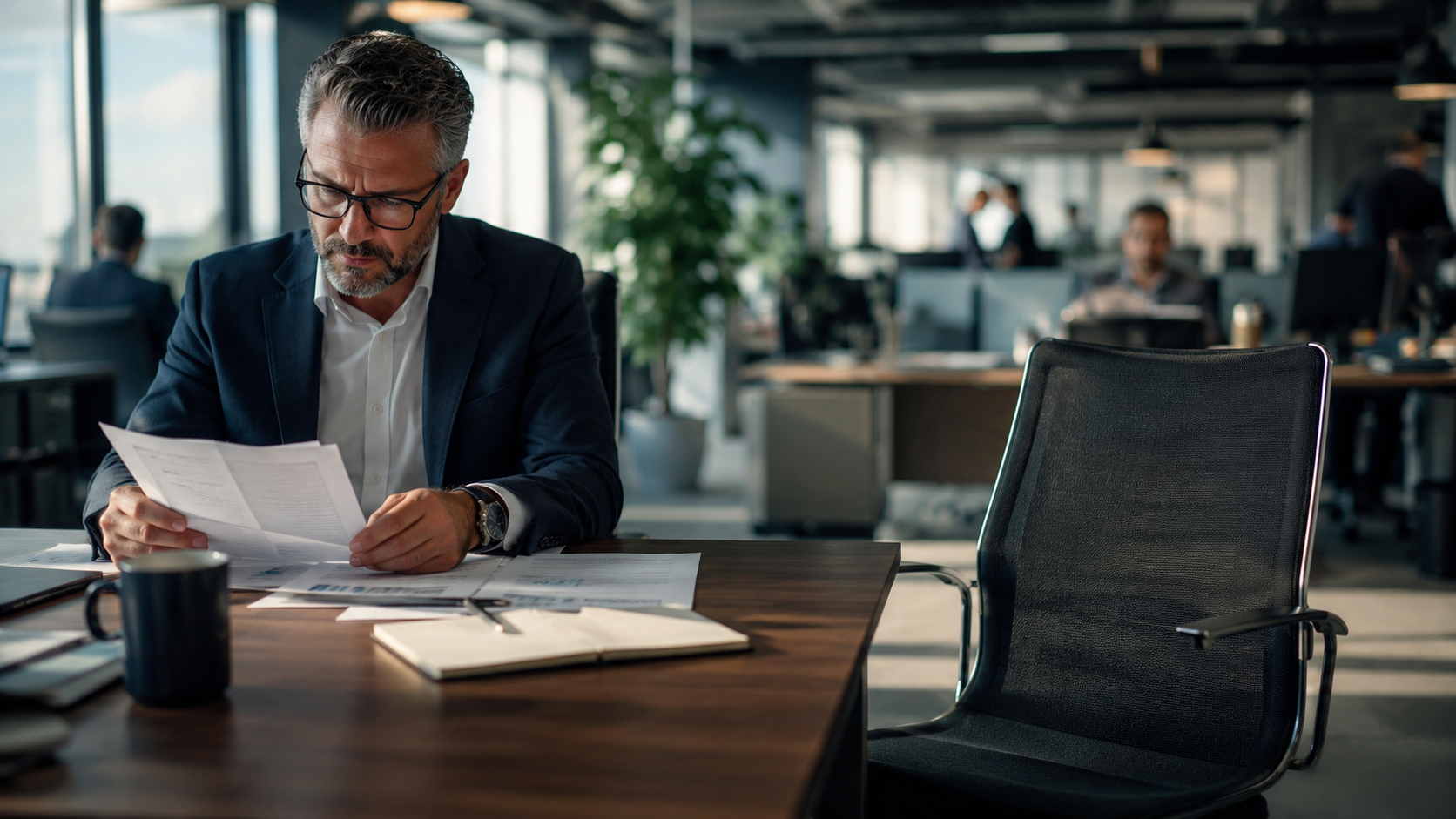 A senior leader working alone at a conference table late in the day while a colleague's empty desk sits in the background, illustrating a high performer who keeps critical knowledge to themselves instead of developing others.