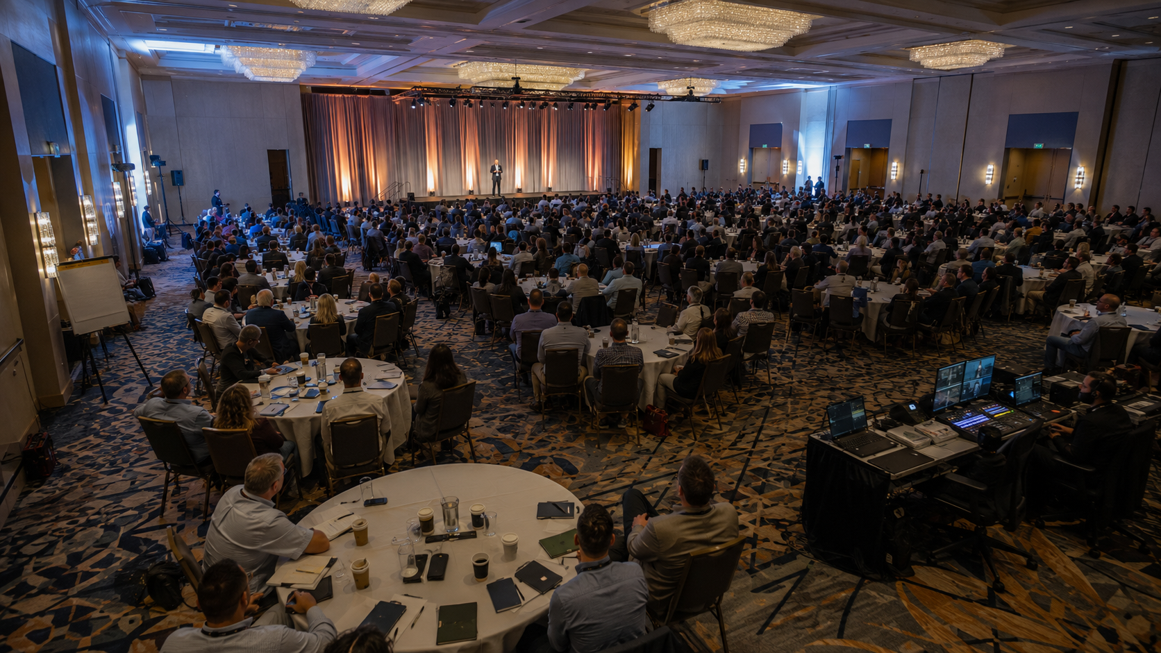 A large sales team seated in a hotel ballroom facing a keynote speaker on stage at the opening session of an annual sales kickoff.
