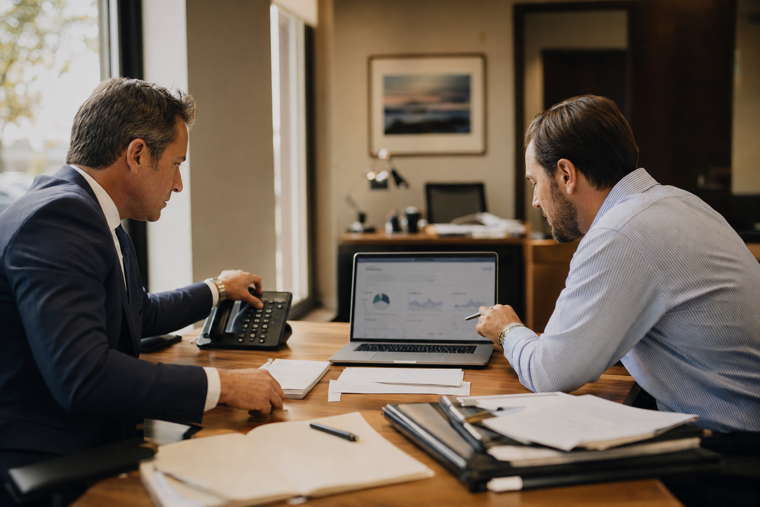 A wealth management branch manager sitting across from a financial advisor at a desk, both reviewing a client portfolio on a laptop, in a modern bank branch office.