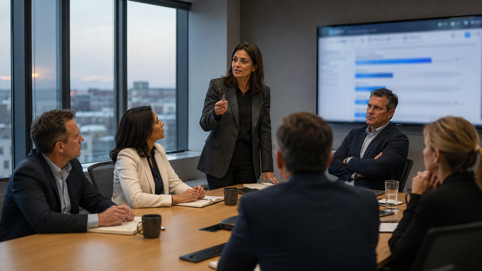 A sales leadership team seated around a conference table reviewing pipeline numbers on a large screen during a quarterly planning session.