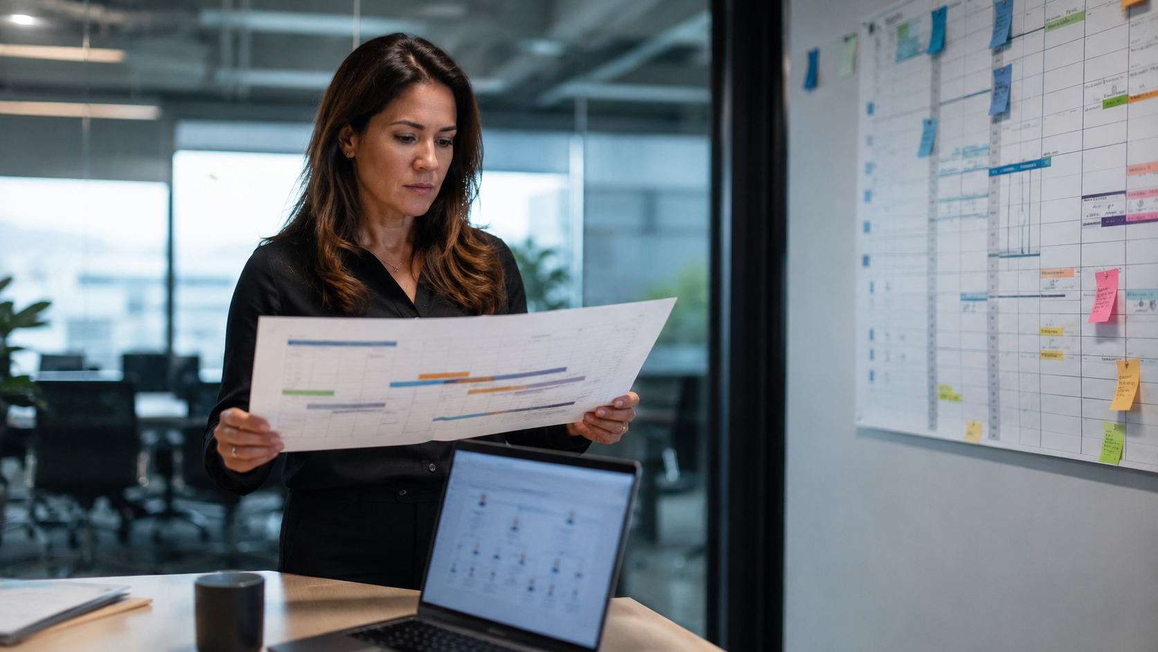 A manager and a newly onboarded team member review a training plan together at a glass conference table during a company integration.