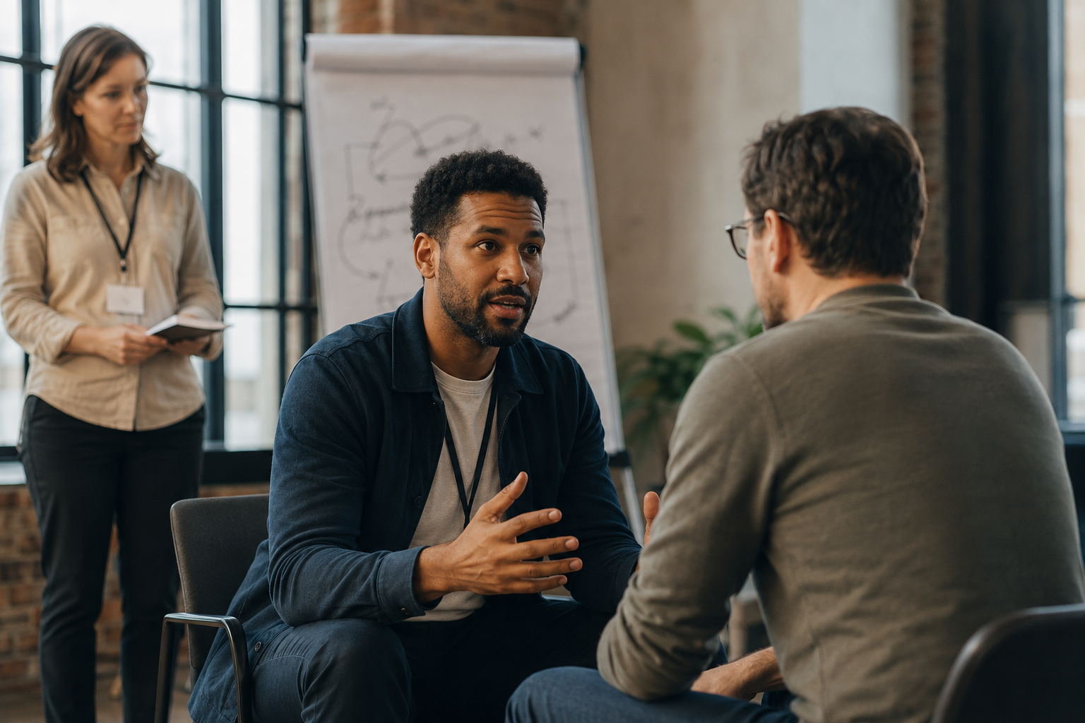 A learning and development leader observes a manager practicing a coaching conversation live in a workshop, illustrating effortful retrieval practice rather than passive slide review.