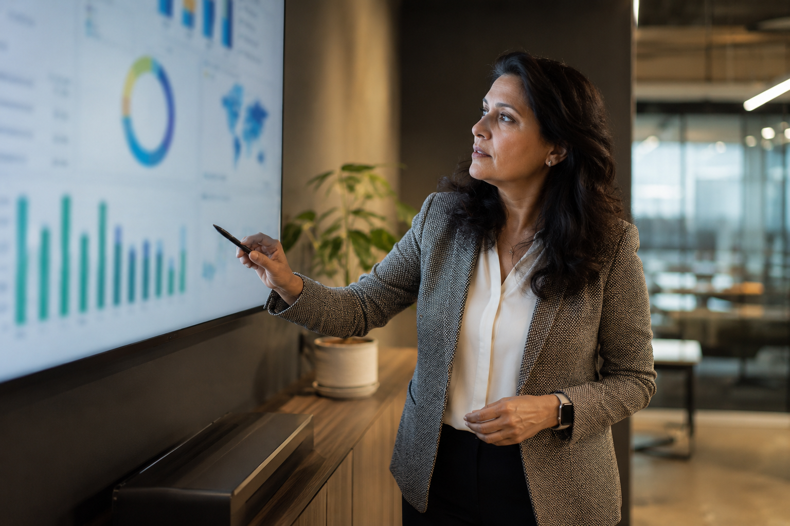 A leader presents integration progress and performance data on screen to the room, representing how L&D leaders prove that a PE add-on acquisition's training investment is actually changing behavior, not just adding headcount.
