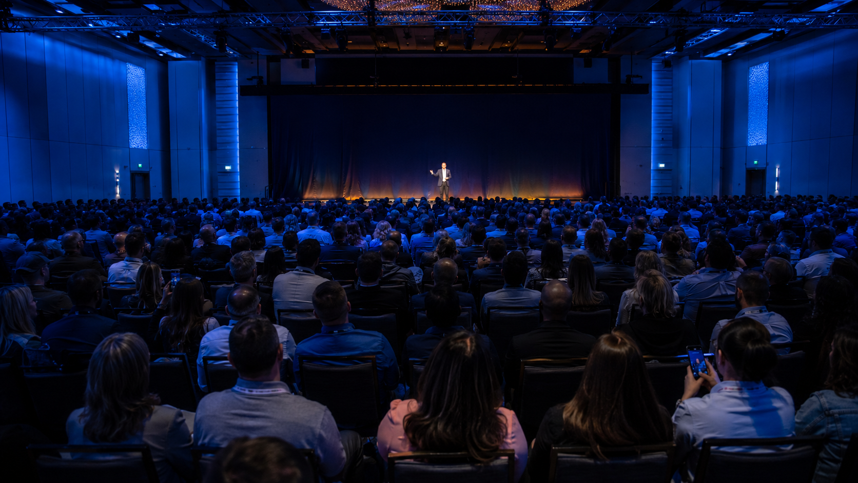 A sales keynote speaker addressing a seated audience of sellers and revenue leaders at a corporate sales kickoff in a large hotel ballroom.