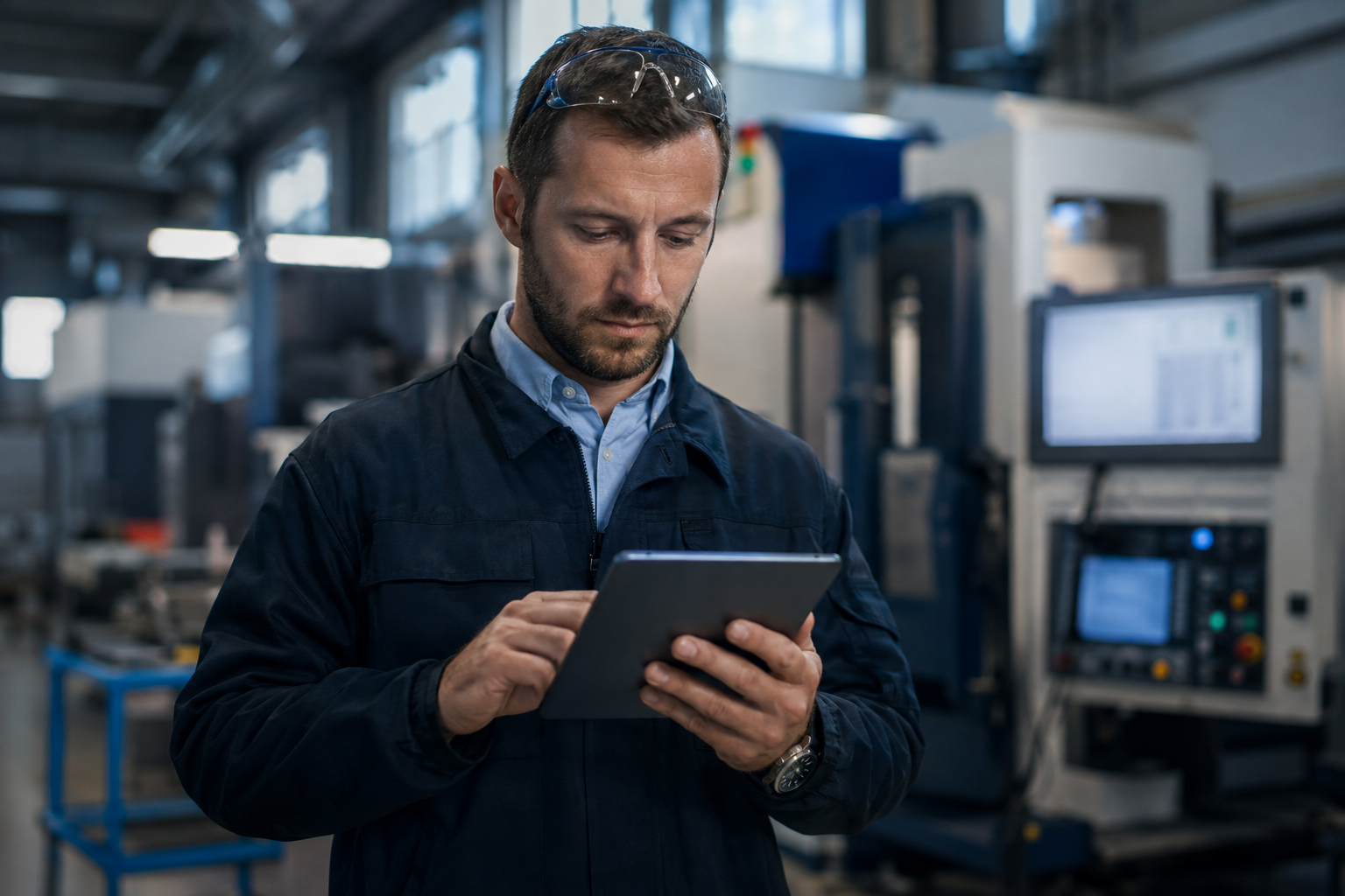A technical sales engineer reviewing performance data on a tablet next to industrial manufacturing equipment on a factory floor